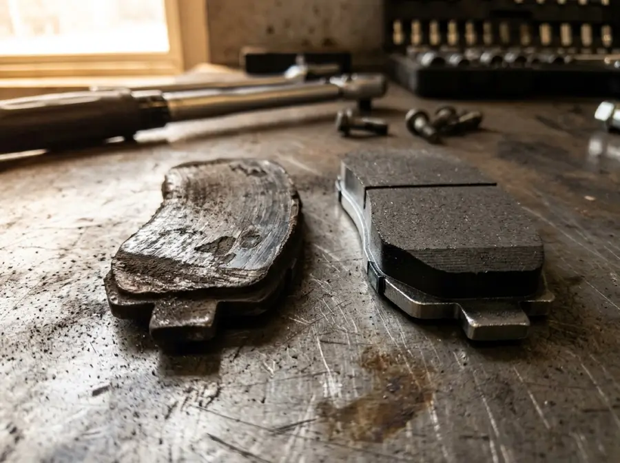 A worn brake pad next to a new one on a workbench