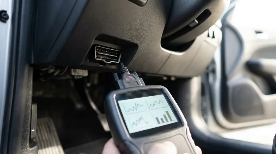 Diagnostic scanner plugged in under a car dashboard