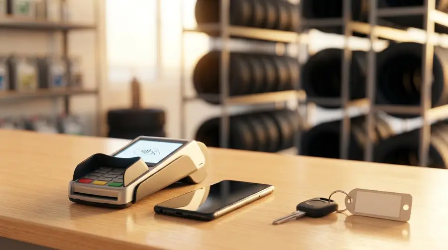 Card reader, phone and car key on a shop counter