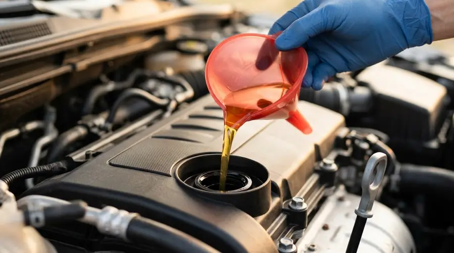 Fresh motor oil being poured into an engine through a funnel