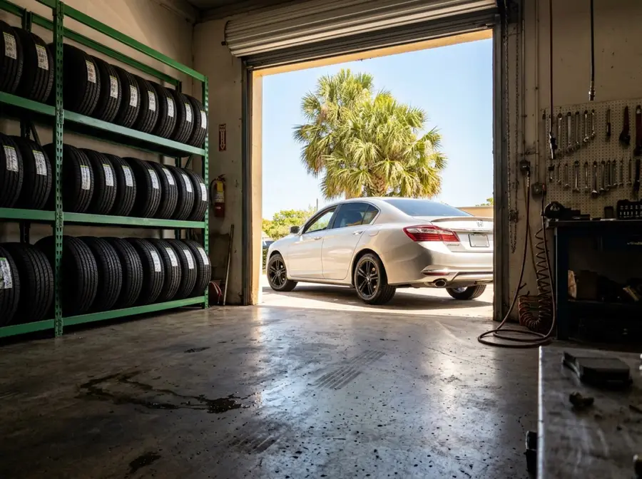 A car driving out of the shop bay into the sunshine