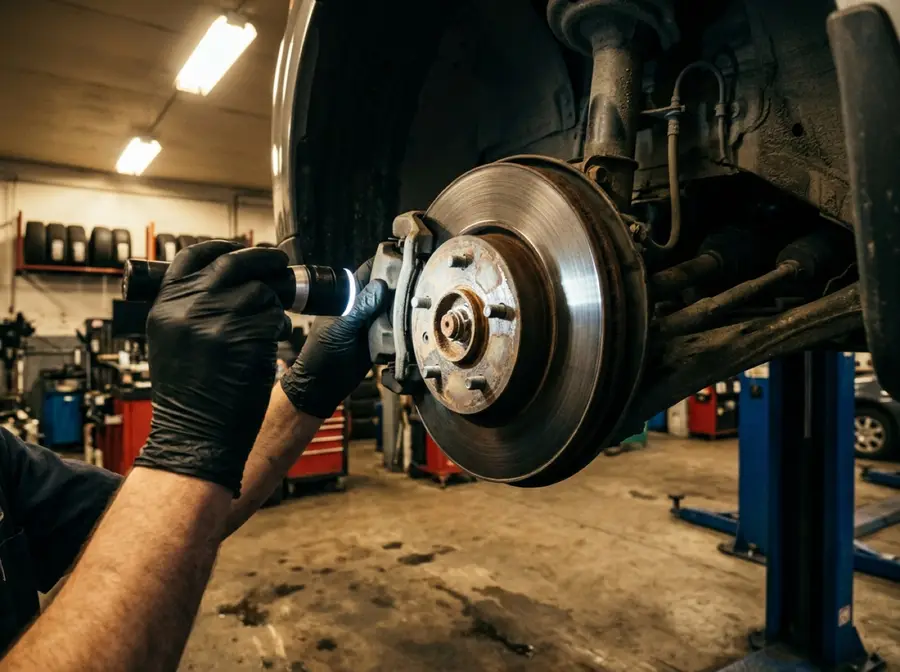 Gloved hand shining a flashlight on the wheel hub and brake of a car on a lift