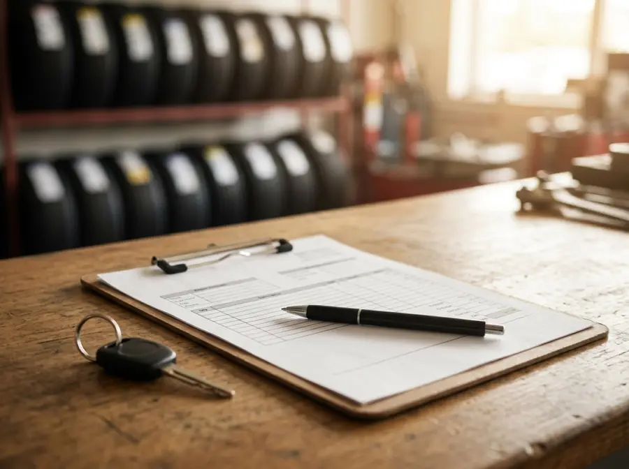 Repair estimate on a clipboard with a pen and car key