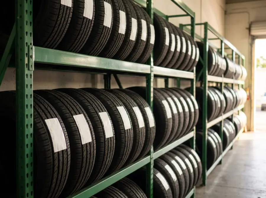 Green racks stacked with new tires