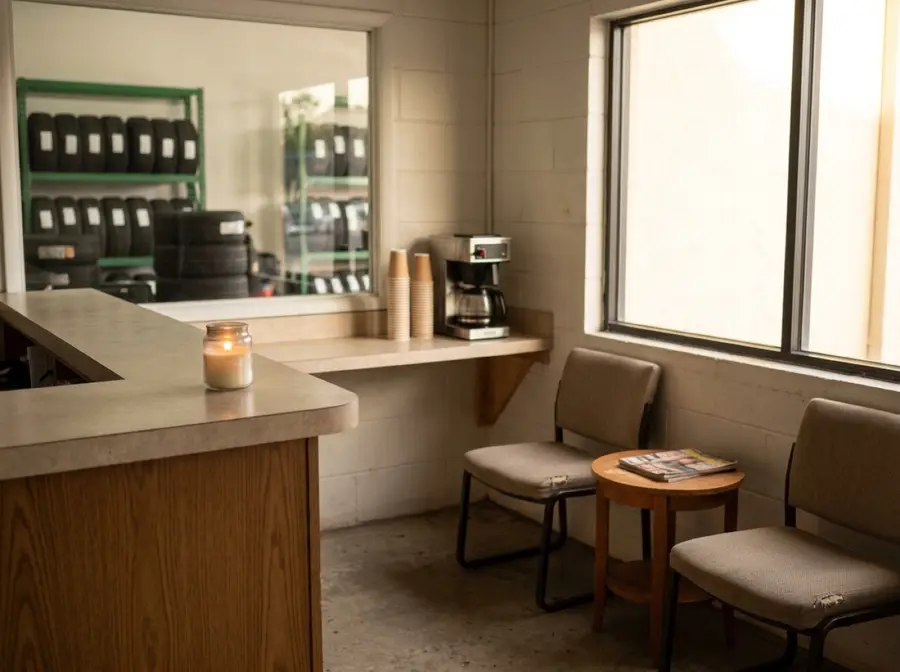 A small waiting area with chairs, coffee and a candle on the counter