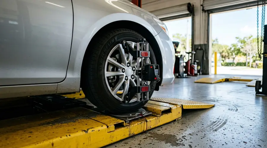 Car wheel on a yellow alignment ramp with an alignment clamp attached