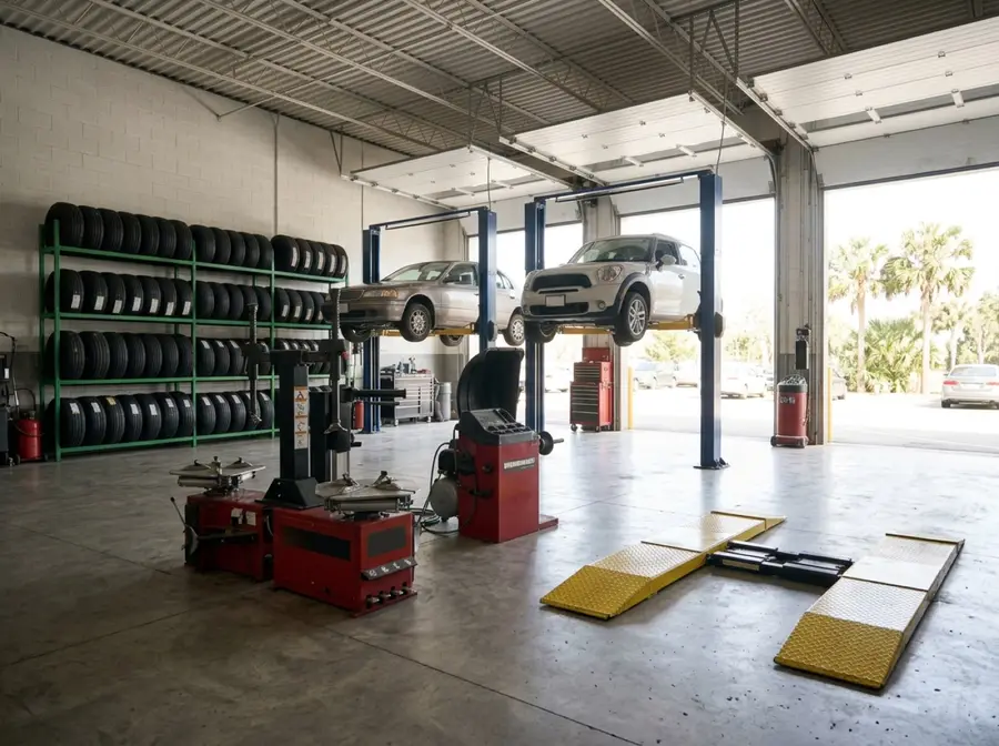A tidy tire and auto repair shop with cars on lifts and tire racks