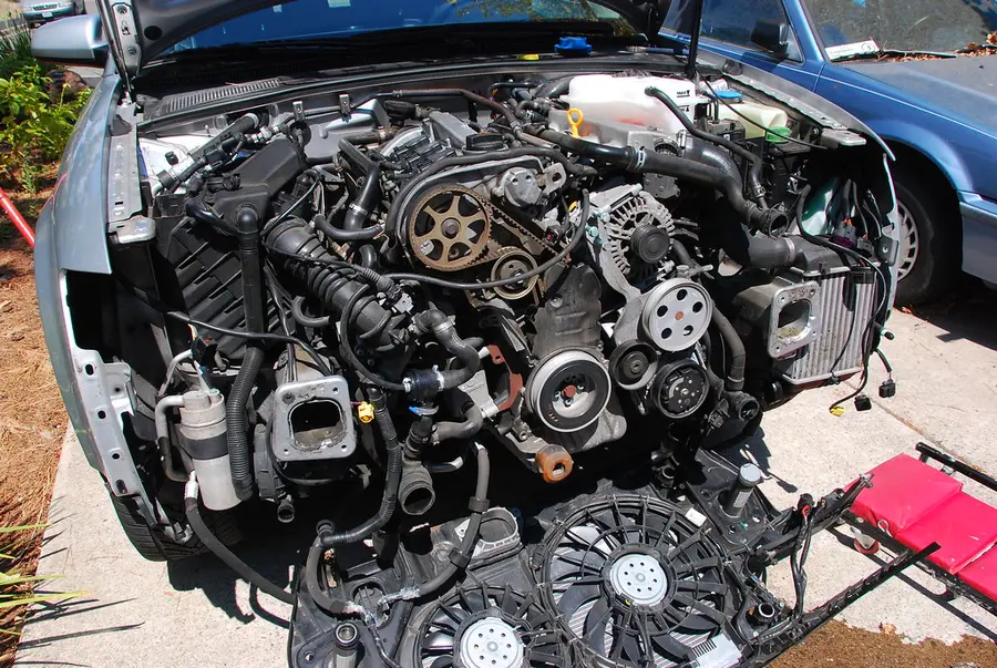 A car engine stripped down for a rebuild