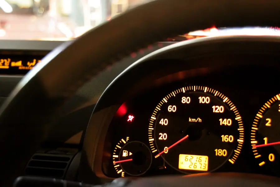 A car instrument cluster lit up